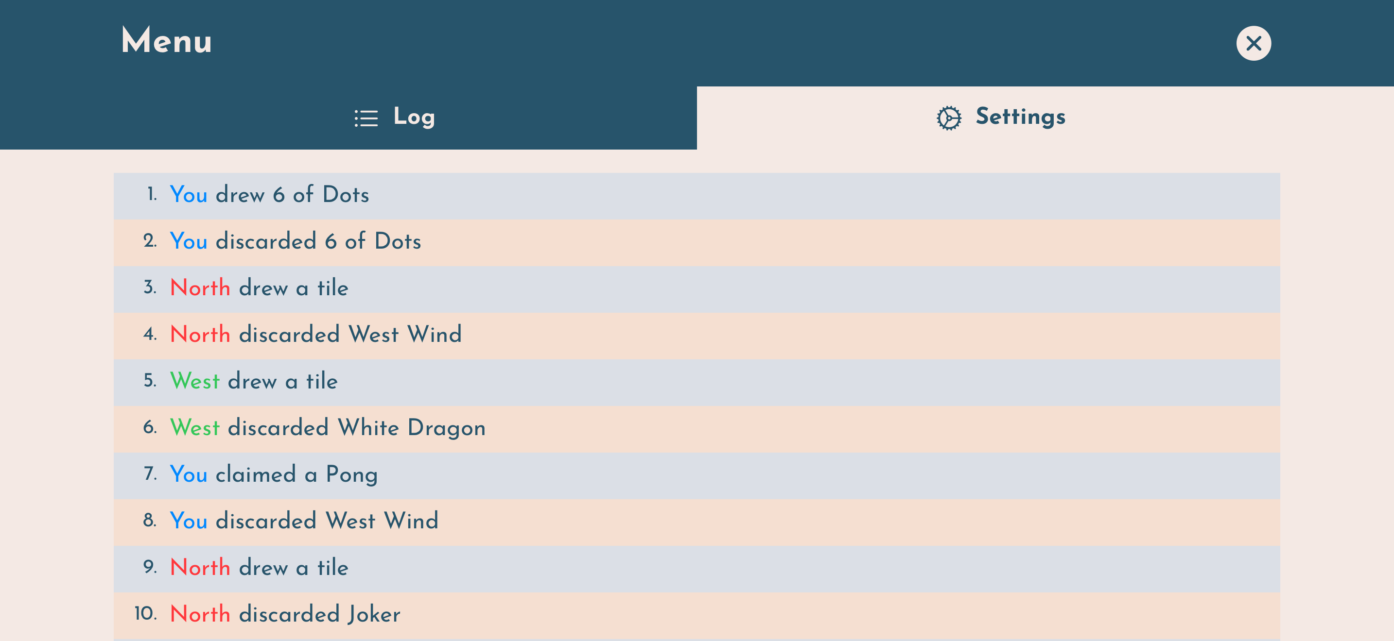 Modern Mahj - game log and settings